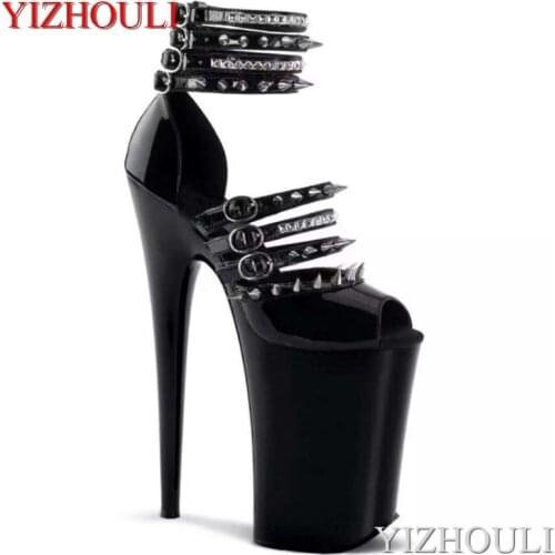 Sexy pole-dancing heel 23cm, nude foot thin belt, rivet decoration 9 inch high heel sandals, model stage shoes