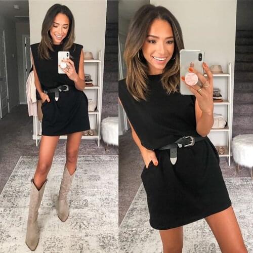 Womens Clothing Elegant Fashion Casual Loose O Neck Solid Color Sleeveless Dress 2021 European And American Spring Summer New
