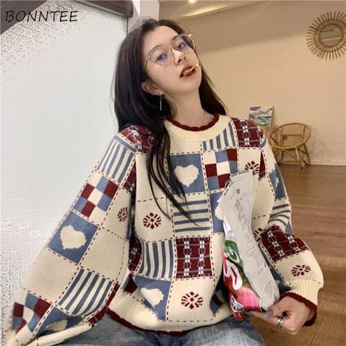 Pullovers Women Daily Korean Style All-match Warm Thicker Knitted Sweaters Design Stylish BF Retro Teens O-Neck Patchwork Female