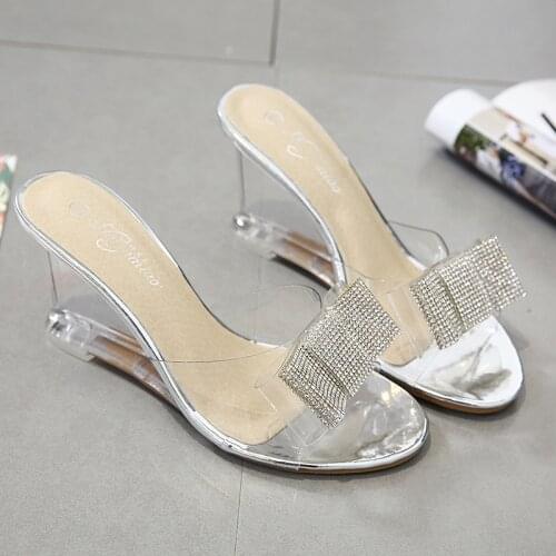 PVC Jelly Sandals Crystal Peep Toe Sandals Fashion Transparent Summer Women Shoes High Heels Clear Wedge Sandals Bow Slippers