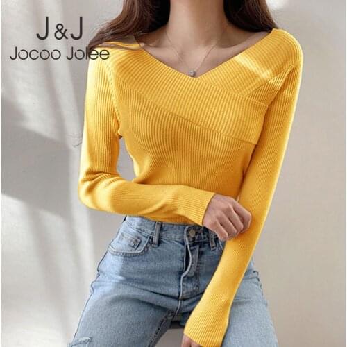 Jocoo Jolee Korean Elegant V Neck Knitted Sweater Women Casual Solid Slim Chic Pullovers Harajuku All-match Simple Jumpers