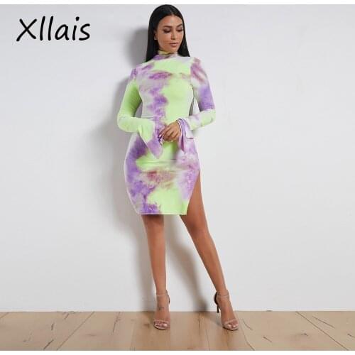 XLLAIS 2020 New Style Summer Tie-dye Green and Purple Cotton Spandex Turtleneck Full Sleeve Sexy And Club Women Dress