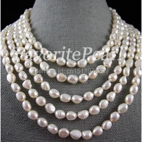 Pearl Necklace - 100- Inch 8-8.5MM AA White Color Natural Baroque Freshwater Pearl Long Necklace - Free Shipping