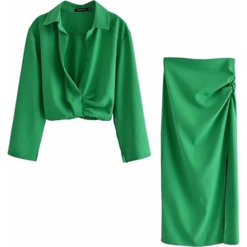 TRAF Women Shirt Za Top Female Ruched Green Shirt Summer 2021 Crop Top Woman Pleated Elegant Chic Woman Blouse Long Sleeve Tops