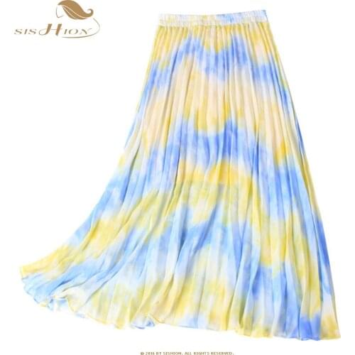 SISHION 2021 New Women Fashion Pleated Skirt Ladies Rainbow Mid-Calf High Waist Striped Casual Chiffon Midi Skirt SP1380