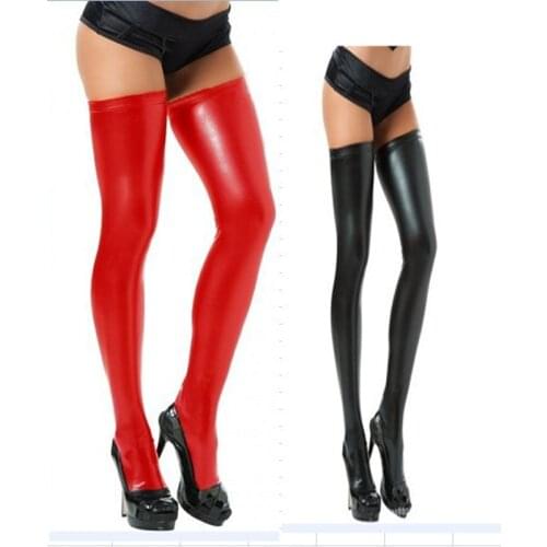 Womens Black Red Sexy Faux Leather Wet Look Stockings Costume Thigh High Stay Up For Clubwear Stripper DS Bar Party Free Size