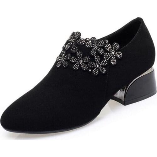 ZXRYXGS 2021 New Autumn Frosted Cowhide Rhinestone Shoes Black Leather Shoes Woman Thick Heels Large Size Elegance Fashion Shoes