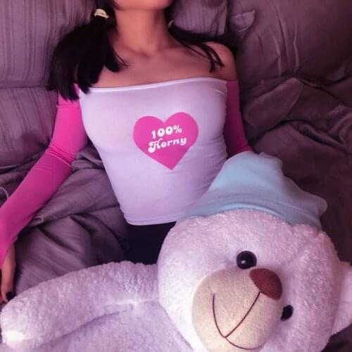 Surge Women Crop Top %100 Horny Pink Heart Shoulder Free Summer Hot Girl Lolita E-Girl Babygirl