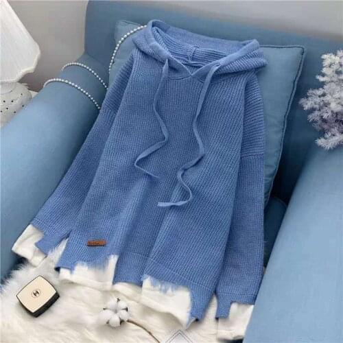 Hooded knitted sweater women 2021 new fake two-piece Korean version top loose sweater outer wear autumn and winter clothes