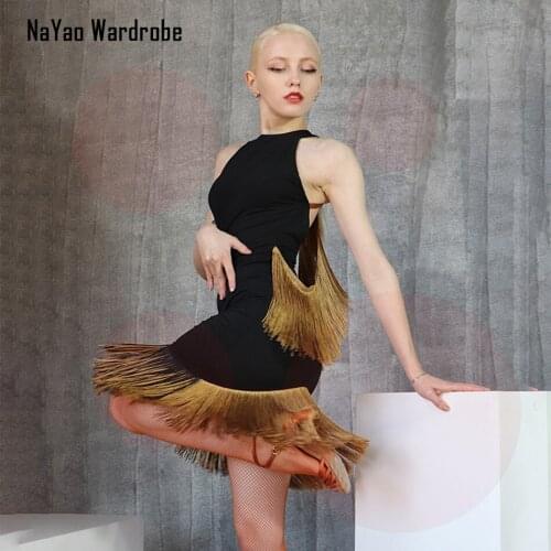 2021 New W677 Sleeveless Golden Tassel Design Latin Dance Dress Dancing Performance Women Dress Ballroom Samba Tango