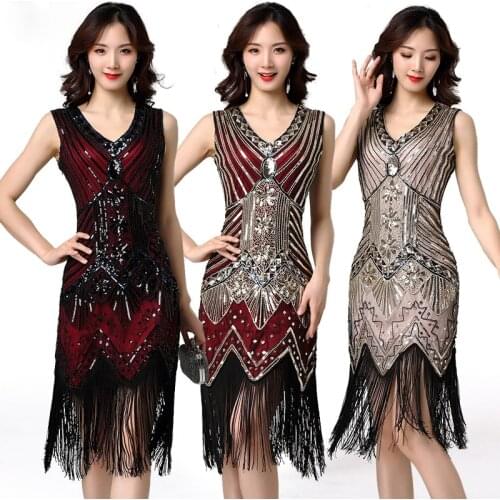 Women Vintage 1920s Deco Fringe Flapper Dress Gold Sequins Dinner Party Formal Gowns Ballroom Dresses #5510