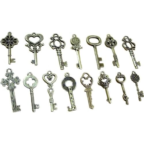 1 Set Of40 Antique Vintage Old Look Bronze Skeleton Keys Fancy Heart Bow Necklace Pendant
