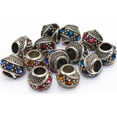 20pcs Mix Color Antique Silver Plated With Rhinestone Alloy Big Hole Beads fit European Bracelet DIY Jewelry Necklaces