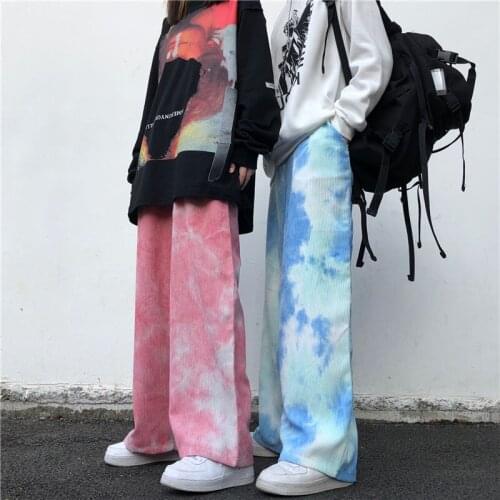 Spring/Autumn Korean Couple Outfit Harajuku Street Gothic Punk Girl Hot Pants Corduroy Tie Dye Loose Preppy Punk Wide Leg Pants