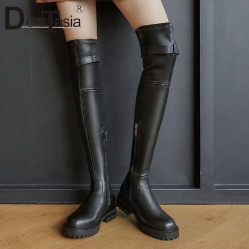 DORATASIA New Fashion Female Genuine Leather Thigh High Boots Casual Chunky Heels Boots Women Zip Party Office Shoes Woman