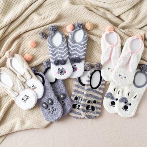 Cute Coral Fleece Socks Women Winter Warm Boat Socks Floor Silicone Non-slip 3D No Show Short Animal Socks Female Home Calcetine