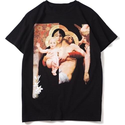 Madonna Embrace Jesus Tshirts Funny Virgin Mary Mens Hip Hop Casual Cotton Short Sleeve T-Shirt Male Streetwear Tees