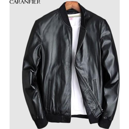 CARANFIER 2019 New Brand Coat Mens Jackets Genuine Sheepskin Leather Casual Slim Fit Coats Motorcycles Black Outerwear Overcoats