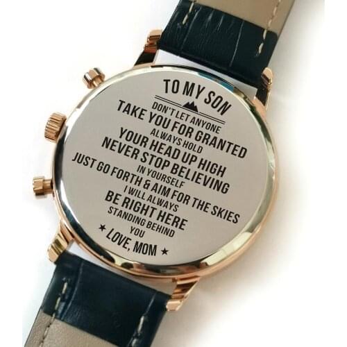 K4500-2 Mom To My Son Luxury Fashion Leather Strap Engraved Watches Steel Sports Waterproof Men Watches Birthday Graduation Gift