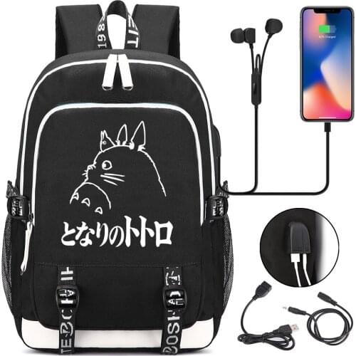 New Cartoon Cute Totoro Printed USB Headphone Jack Boy Girl Kids School bag Women Bagpack Canvas Men Backpack Packsack Bookbag