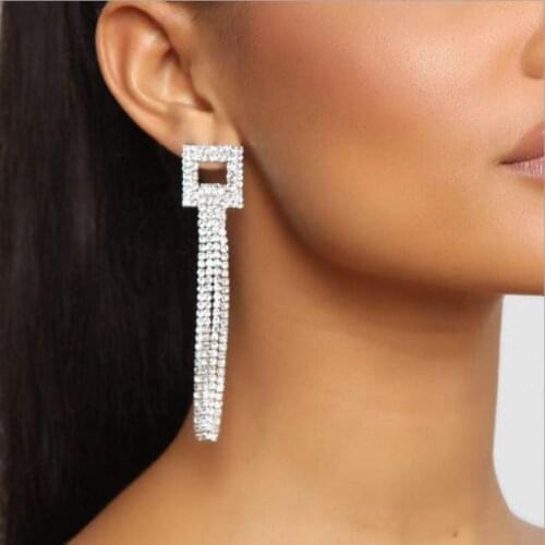 2021 New Arrivals European and American Fashion Creative Square Hollow Rhinestone Tassel Earrings Bohemian Womens Jewelry