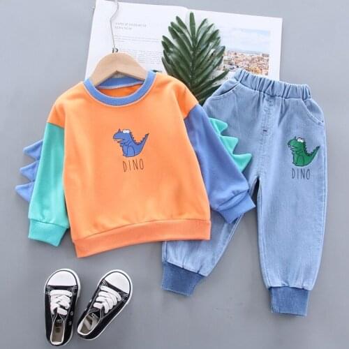 Baby boy clothes spring and autumn new cartoon dinosaur cotton sweater suit baby boy fashion 2-piece suit 0-4 boy sweater suit