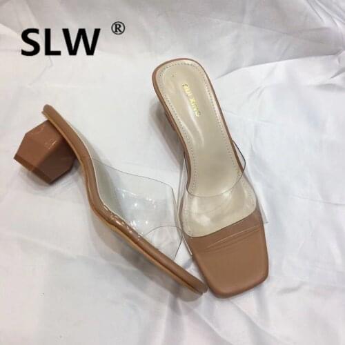 Rubber Slippers Chunky Heel Pvc Leather Slides Sandal Modis With Rhinestones Transparent Med Female Summer 2019 Ladies Lady