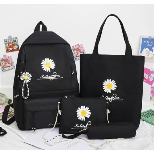 4pcs/Set Casual Daisy Print Backpacks Canvas School Rucksack For Teenager Girls Fashion Women Backpack Canvas Shoulder Bags