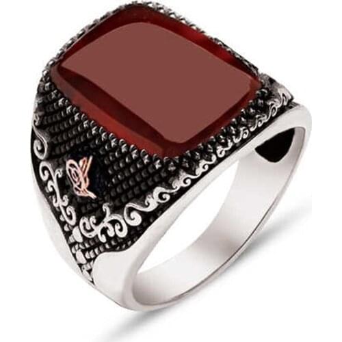 Silver Agate Gemstone Sides Tuğralı Male Ring