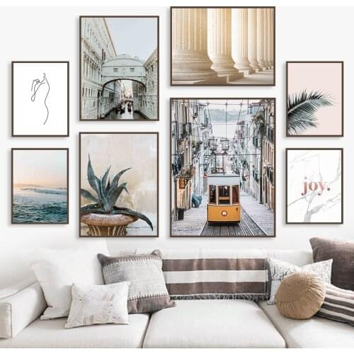 Venice Aloe Palm Ocean Car Line Pillar Wall Art Canvas Painting Nordic Posters And Prints Wall Pictures For Living Room Decor