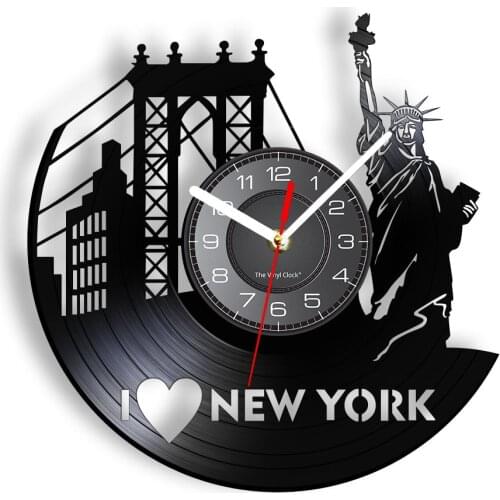I Love New York Laser Etched Vinyl Wall Clock NYC Cityscape Statue Of Liberty Vintage Design LED Lighting Wall Watch Handicraft