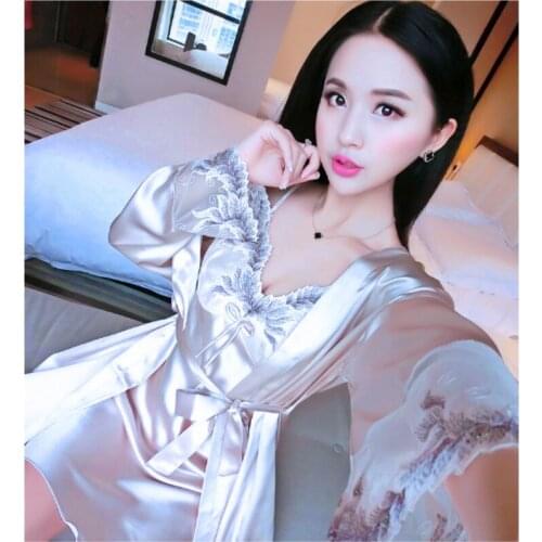 Lady Pajamas 2pcs Women Summer Sexy Sleepwear Girls Long Sleeve Nightdress Silk Suspender Nightgown Ice Silk Homewear B-6652
