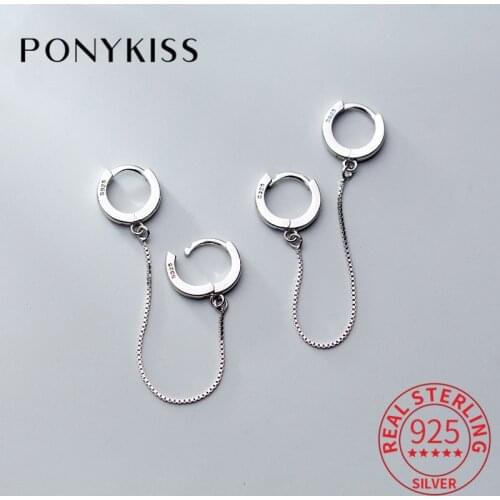 PONYKISS Real 925 Sterling Silver Hollow Round Chain Hoop Earrings Unisex Punk Fashion Earrings Accessory Rock Girl Trendy Gift