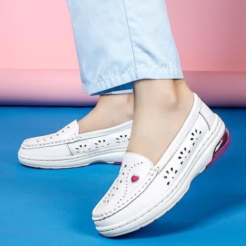 Air cushion nurse shoes spring and summer female style white flat bottom slope with hollowed out comfortable soft bottom love