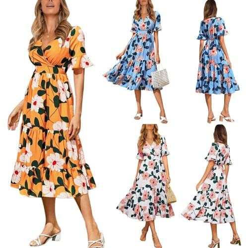 Summer Women Floral Printed Pattern Dress Casual V-neck Short Sleeve Ruffled Hem Dresses Blue Ginger White
