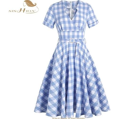 SISHION Hepburn Retro Short Sleeve Large Swing Summer Dress VD1995 50s 60s British Vintage Women Blue Plaid Dresses Robe Femme