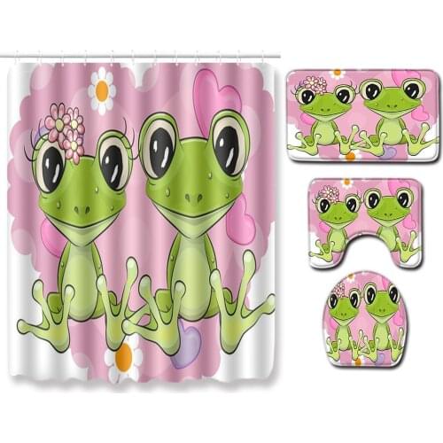 4 Pcs Cartoon frog Shower Curtain Bath Rug Sets Toilet Cover Bath Mat Set Bathroom Accessories Curtains With Hooks
