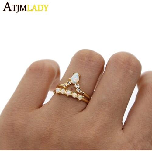 AAA cubic zirconia gold color women finger 2 ps set rings V shape Chevron tear drop opal stone wholesale delicate trendy rings