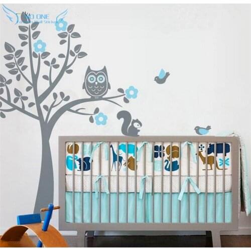 Free shipping Personalized name Owl Tree Wall Decal Tree Wall Stickers with Birds Squirrels Baby Nursery Bedroom Decor