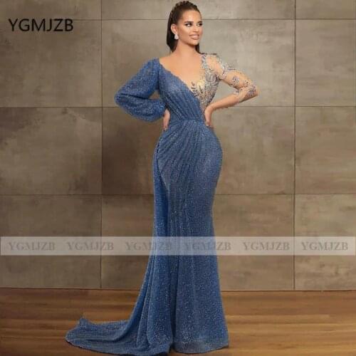 Luxury African Women Evening Dresses Long 2020 Mermaid Full Sleeves Sparkly Sequin Beads Black Girls Formal Party Prom Gowns