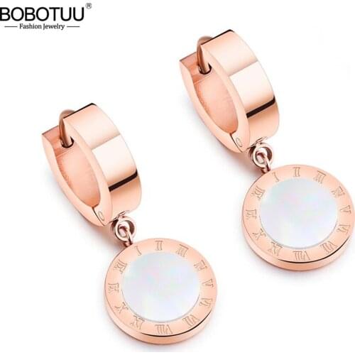 BOBOTUU Black Shell Roman Numerals Circle Hoop Earrings Titanium Steel Rose Gold Engagement Wedding Earrings For Women BE18114