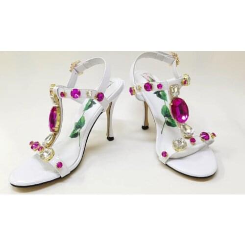 Summer sexy lady fashion womens sandals white Flowers printed crystal strappy high heels shoes
