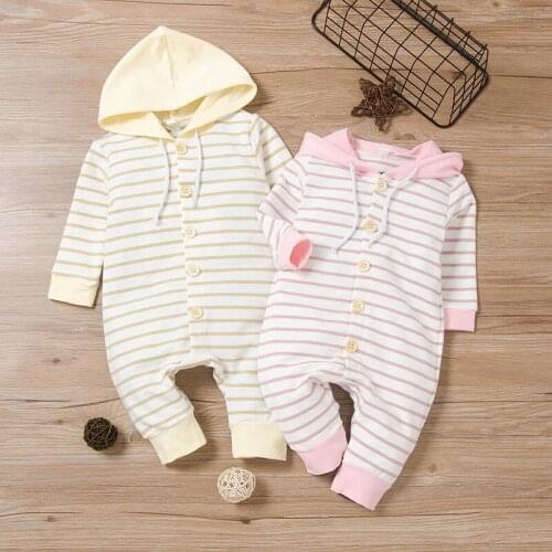 Cotton Fall Winter Baby Girl Romper Striped Long Sleeve Single Breasted Hoodies Baby Jumpsuit Casual Home Baby Boy Clothes 3-18M