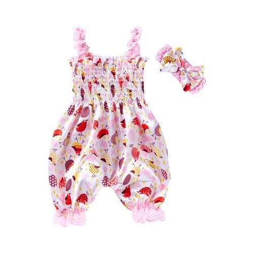 Baby Girls Two-Piece Suit Cute Cartoon Print Sling Soft Romper Headwear For Easter Birthday Party Easter