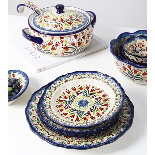 New Exported Ceramic Dinnerware Set Deep Salad Plate Retro Household 5inch Rice Bowl 2L Soup Bowl 11inch Fish Plate 10pcs
