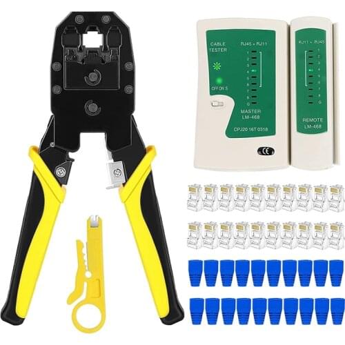 RJ45 Crimp Tool Kit with 20PCS Cat5 RJ45 Connectors, 20PCS Strain Relief Boots, 1 Wire Stripper and 1 RJ45 Cable Tester