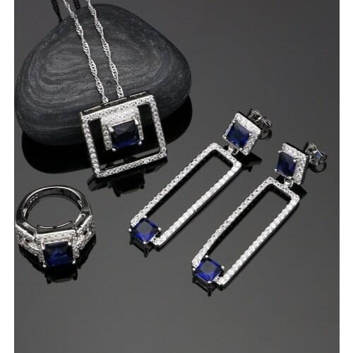 Mystic Blue Cubic Zirconia White Crystal 925 Silver Jewelry Sets For Women Wedding Weeding Earrings/Pendant/Ring /Necklace Set