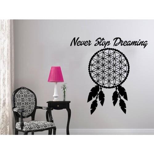 Never Stop Dreaming Wall Decal Quotes Dream Catcher Wall Sticker Dreamchtcher Vinyl Sticker Living Room Home Decor Mural S-562