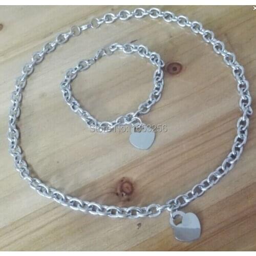 One Set 8mm Stainless Steel Sweet Love Icon Heart Tag Chain Necklace & Bracelet Matching Jewelry Set For Women Gift