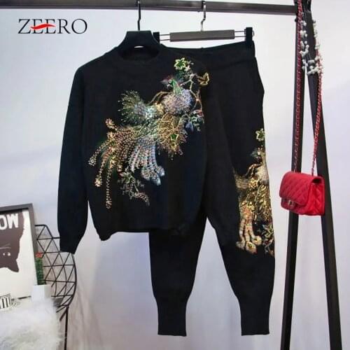 Autumn Women Peacock Sequins Embroidery Velvet Tracksuit 2 Piece Set Streetwear Black Pullover Top + Pants Set Plus Size Outfits